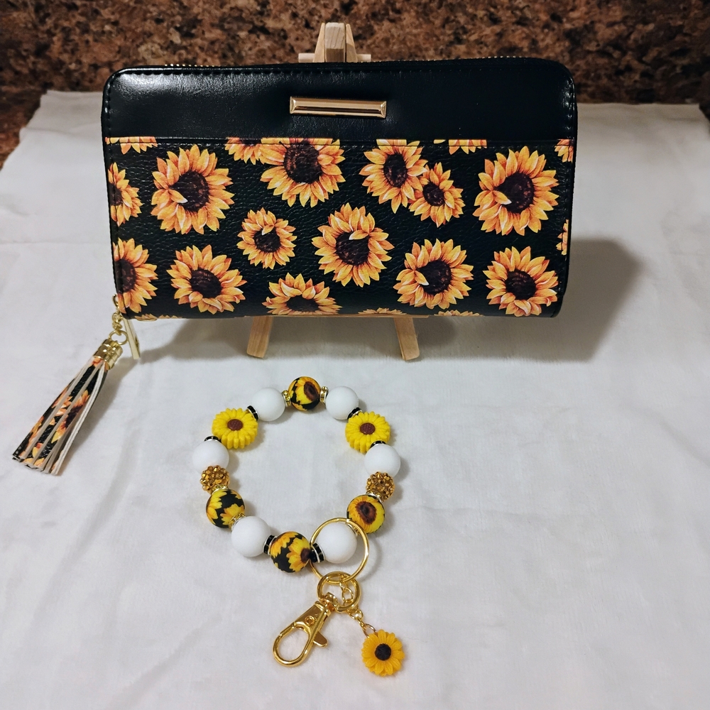 Sunflower Print Wristlet Wallet - Black and Yellow